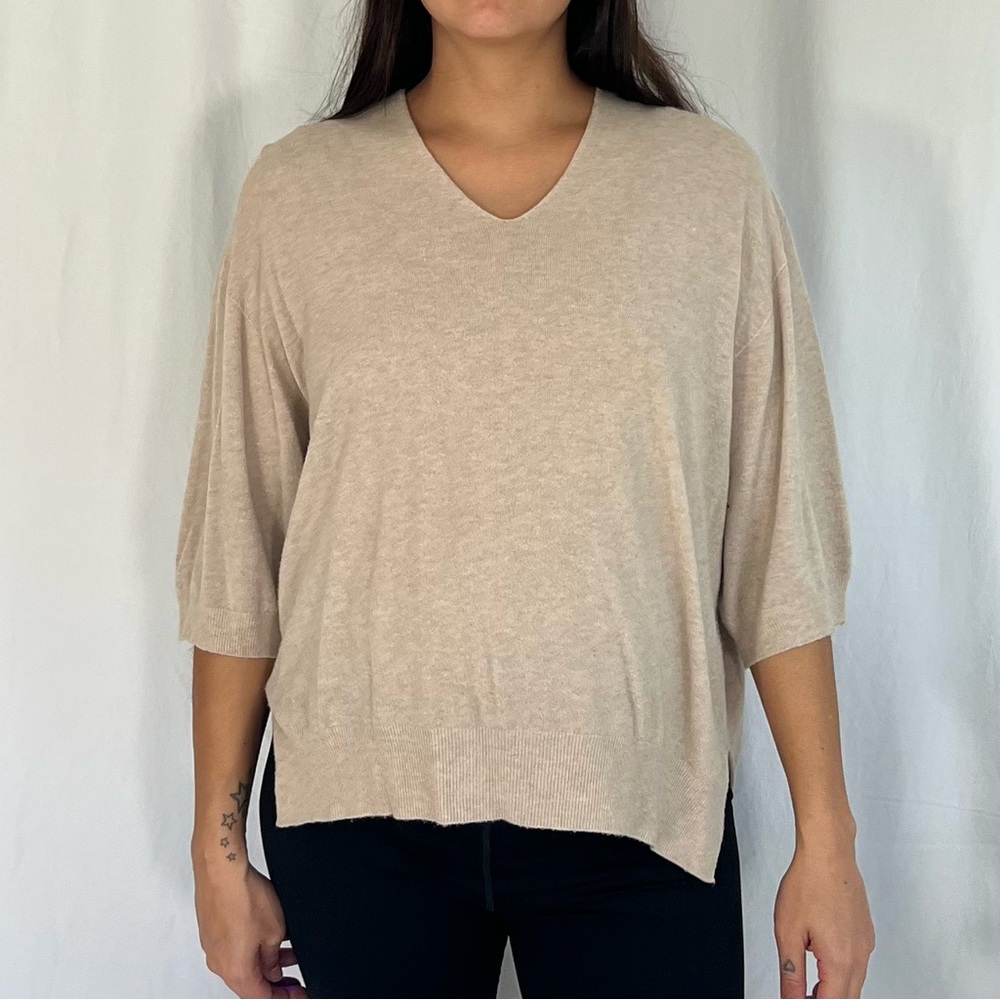 Alexandre Laurent V Neck Beige Knit Half Sleeve Sweater Top